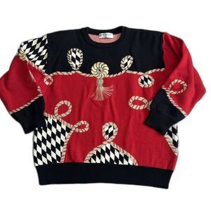 Vintage Jaeger Sweater Womens Medium Embroidered Rope Metallic Black Red